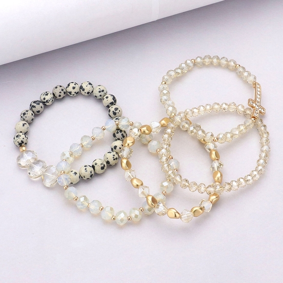 Neutral Cross Pendant Beaded 5 Piece Stacked MultiLayered Stretch Bracelets - Picture 2 of 4